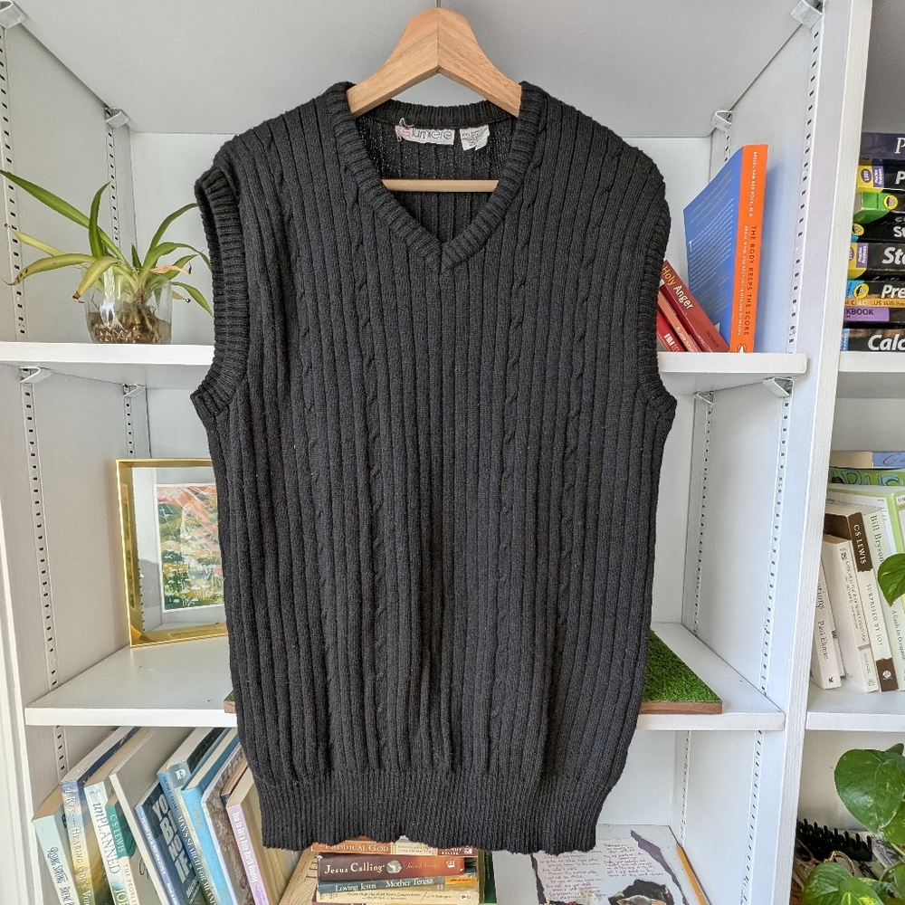 Vintage Black V Neck Cable Knit Sweater Vest Size Large Academia Teacher Preppy